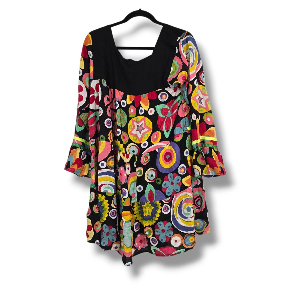 Belize Psychedelic Floral Tiered Blouse Square Neck Bell Sleeve Multi One Size